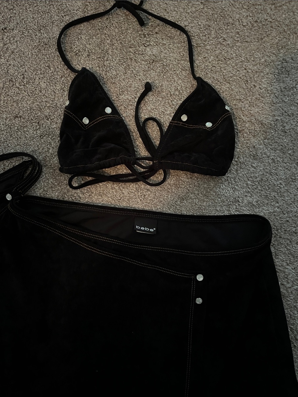 Vintage Bebe Velvet Triangle Bikini Top, High Cut Brief and Skirt Set - Picture 7 of 8